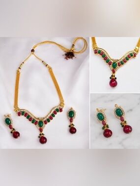 Traditional Gold Tone Necklace & Earring Set with Emerald and Ruby Accents
